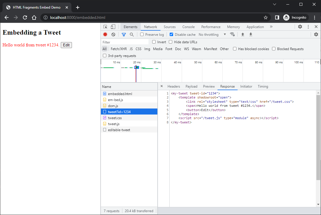A screenshot of a page title with the header "Embedding a Tweet" which includes a single tweet along with an open DevTools Network tab showing that the tweet was fetched as an HTML fragment.